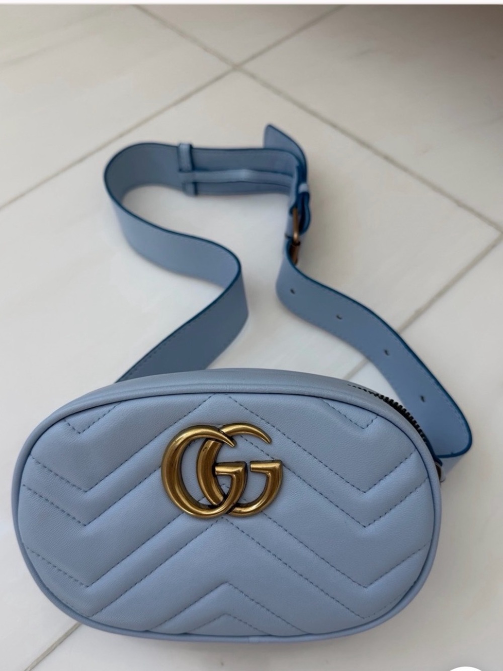 Light Blue Quilted Oval Chevron Crossbody Belt Bag